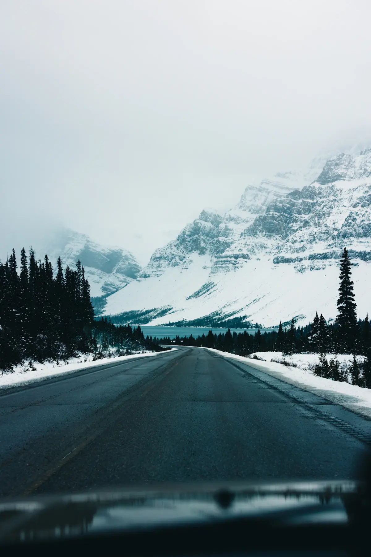 Voiture roulant sur une route enneigee bordee de sapins en hiver