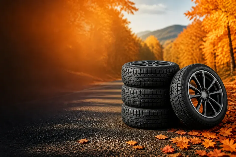 Ensemble de roues montées sur des pneus d’hiver sur une route d’automne