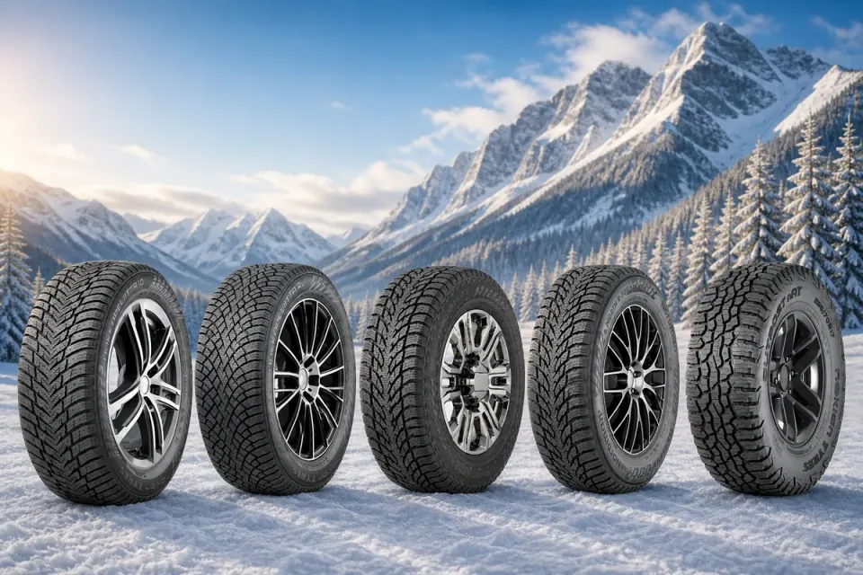 Cinq pneus Nokian d’hiver et tout-terrain distincts alignés sur la neige devant un paysage montagneux